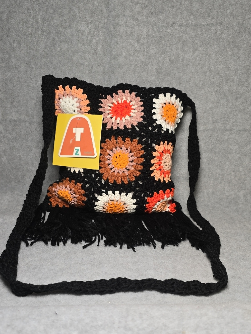 Handmade Crochet Crossbody Bag in Black with Orange & Cream Floral Motif